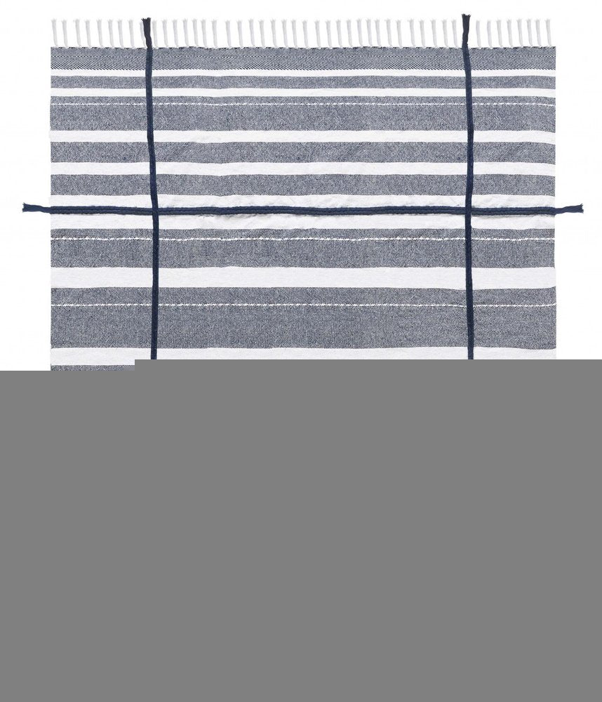 50" X 60" Blue and White Kantha Cotton Striped Throw Blanket with Embroidery