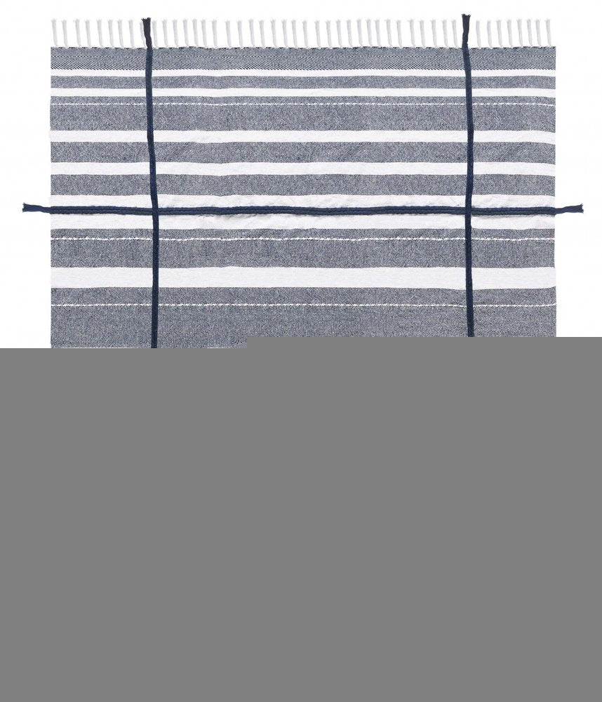 50" X 60" Blue and White Kantha Cotton Striped Throw Blanket with Embroidery