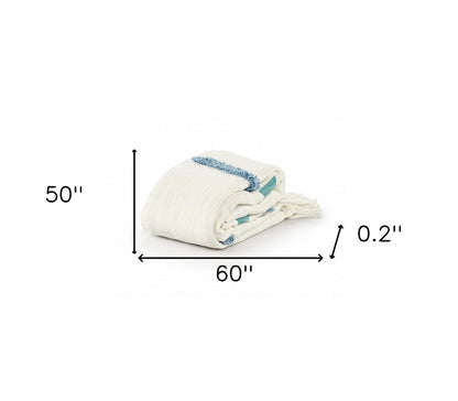 50" X 60" Cream Kantha Cotton Geometric Throw Blanket with Embroidery