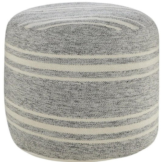 18" Gray Polyester Round Striped Indoor Outdoor Pouf Ottoman