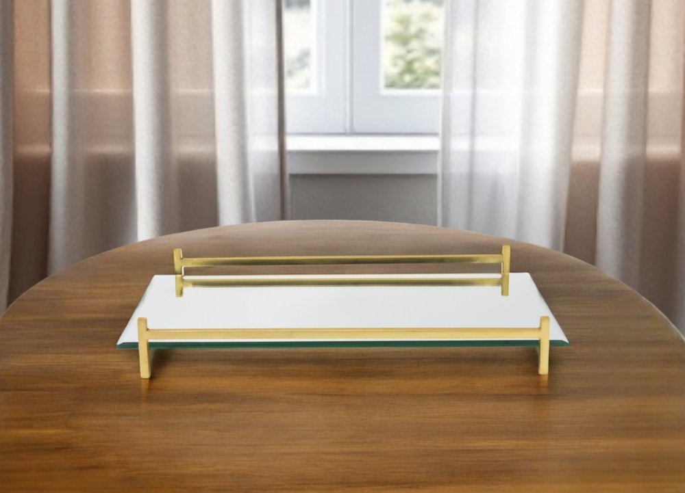 16" Mirror and Gold Rectangular Glass Vanity Tray
