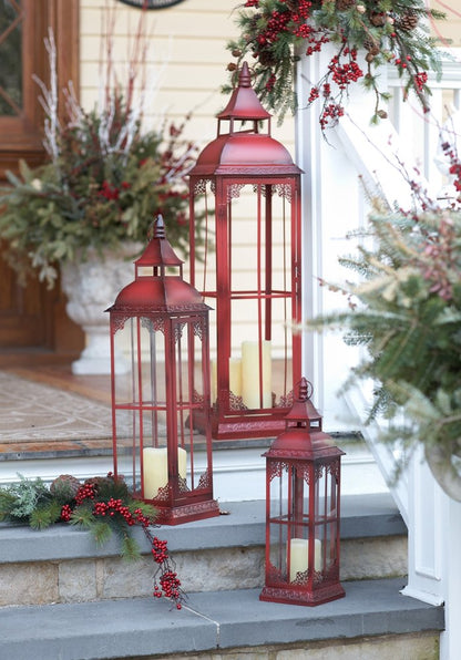 Set of Three Red Distressed Ornate Glass And Metal Floor Lantern Candle Holders