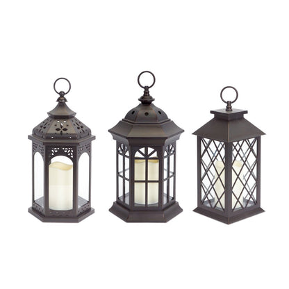 Set of Three Dark Brown Distressed Ornate Glass And Plastic Floor Lantern Candle Holders With Candle