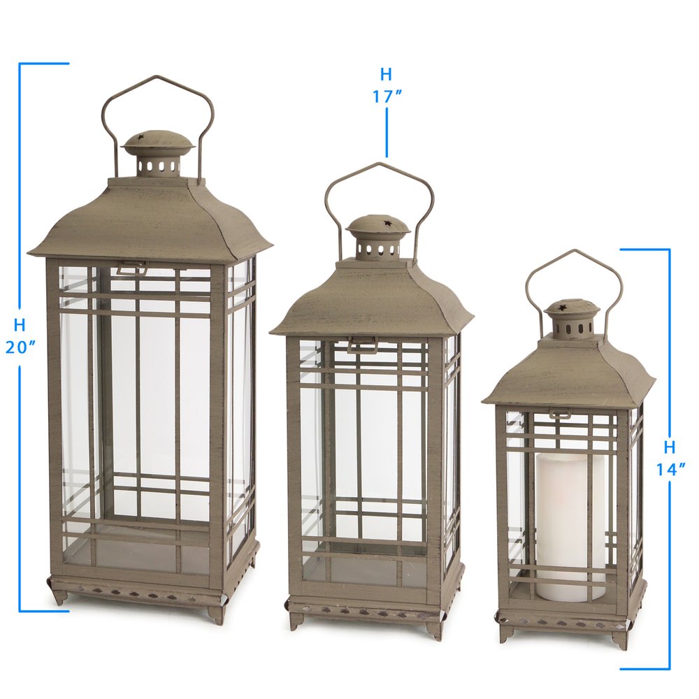 Set of Three Brown Distressed Geometric Glass And Metal Floor Lantern Candle Holders