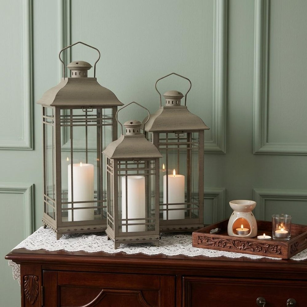 Set of Three Brown Distressed Geometric Glass And Metal Floor Lantern Candle Holders