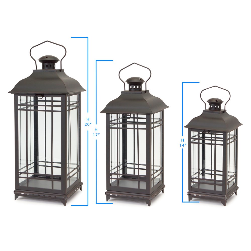 Set of Three Black Distressed Geometric Glass And Metal Floor Lantern Candle Holders