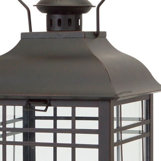Set of Three Black Distressed Geometric Glass And Metal Floor Lantern Candle Holders