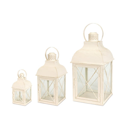 Set of Three Ivory Distressed Geometric Glass And Metal Floor Lantern Candle Holders