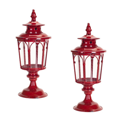 Set of Two Red Distressed Ornate Glass And Metal Tabletop Lantern Candle Holders