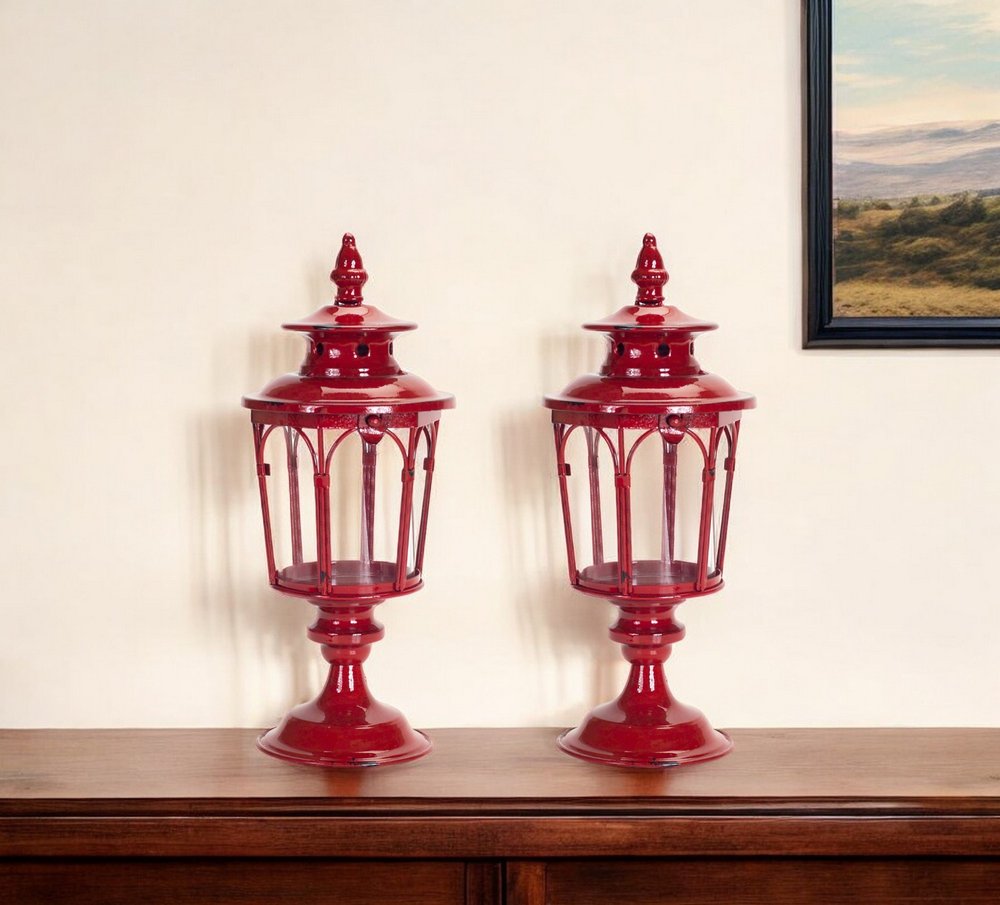 Set of Two Red Distressed Ornate Glass And Metal Tabletop Lantern Candle Holders