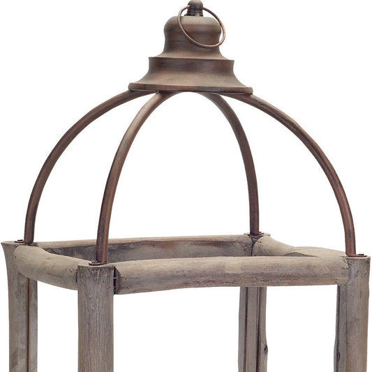 Set of Two Natural And Gray Geometric Glass Wood And Metal Floor Lantern Candle Holders
