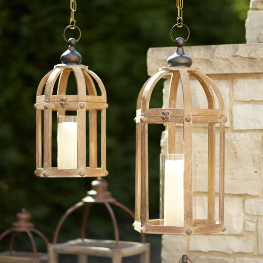 Set of Two Brown Distressed Wood And Glass Floor Lantern Candle Holders