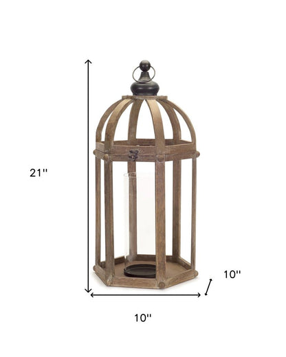 Set of Two Brown Distressed Wood And Glass Floor Lantern Candle Holders