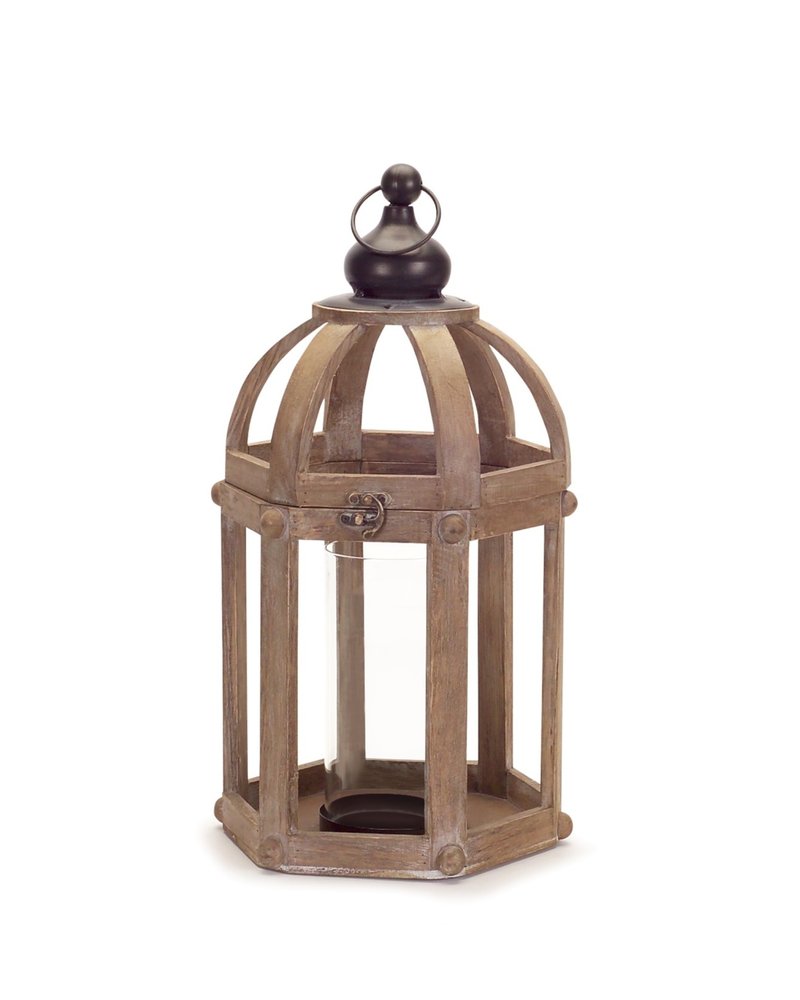 Set of Two Brown Distressed Wood And Glass Floor Lantern Candle Holders