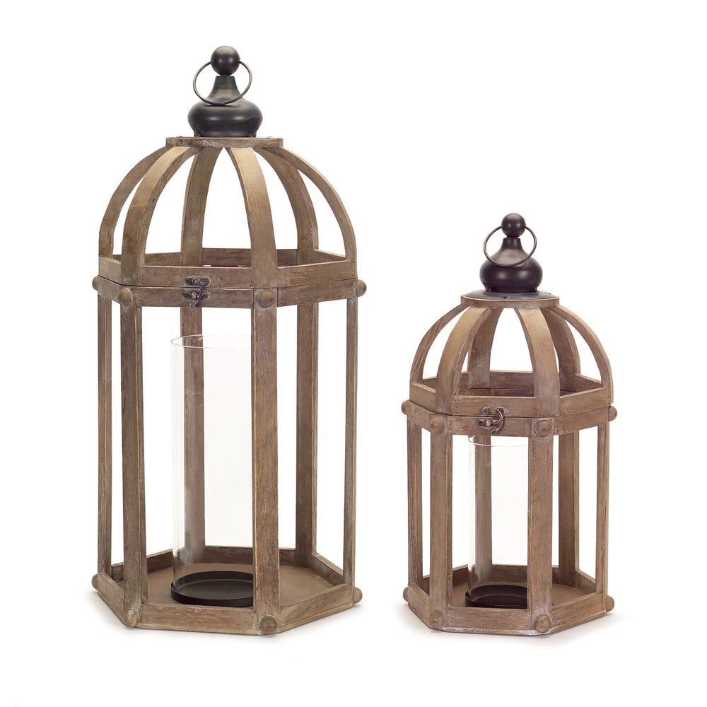 Set of Two Brown Distressed Wood And Glass Floor Lantern Candle Holders