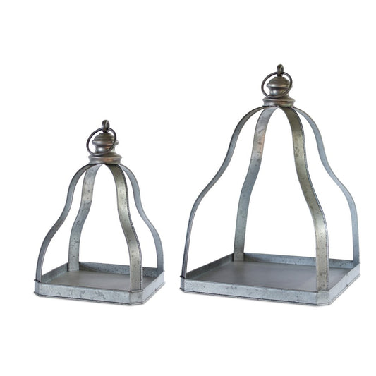 Set of Two Gray Distressed Galvanized Metal Tabletop Lantern Candle Holders
