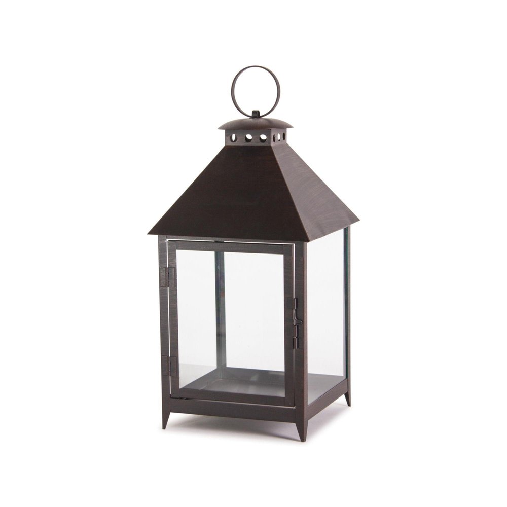 Set of Two Black Geometric Iron And Glass Floor Lantern Candle Holders