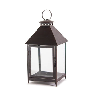 Set of Two Black Geometric Iron And Glass Floor Lantern Candle Holders