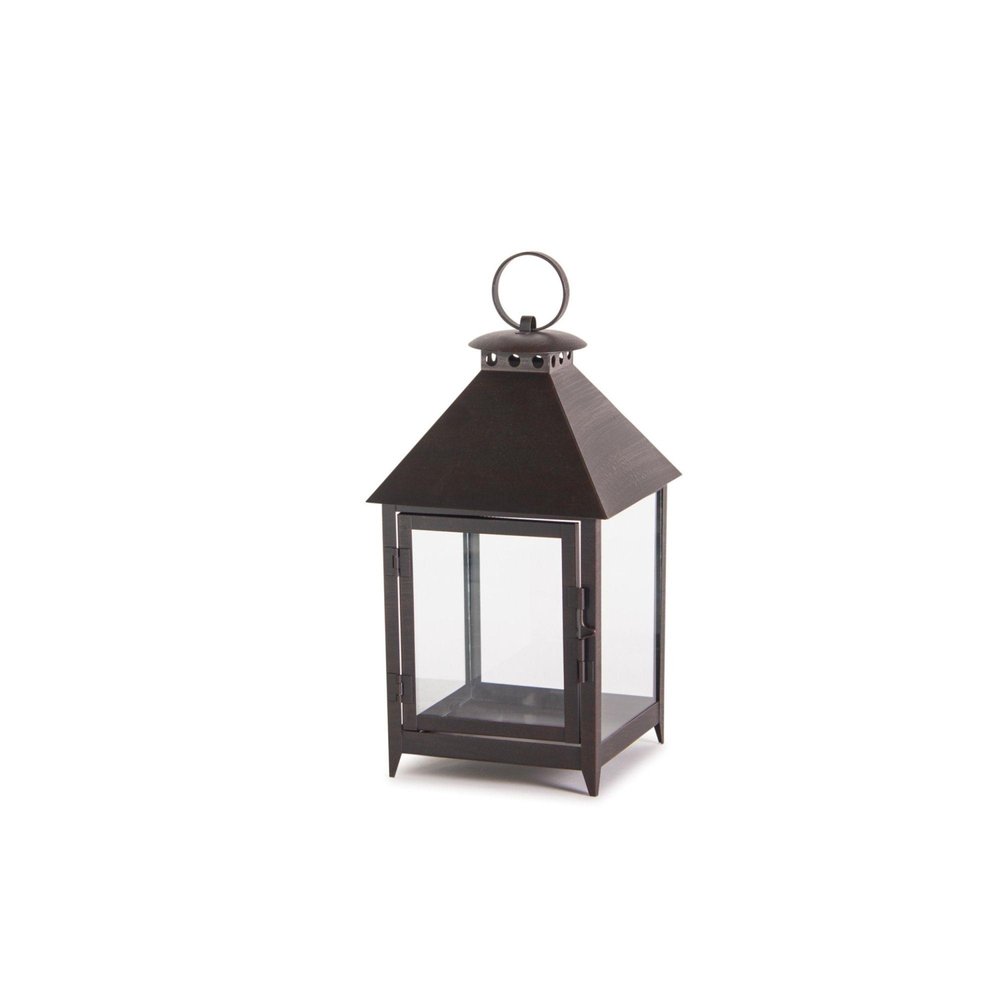 Set of Two Black Geometric Iron And Glass Floor Lantern Candle Holders