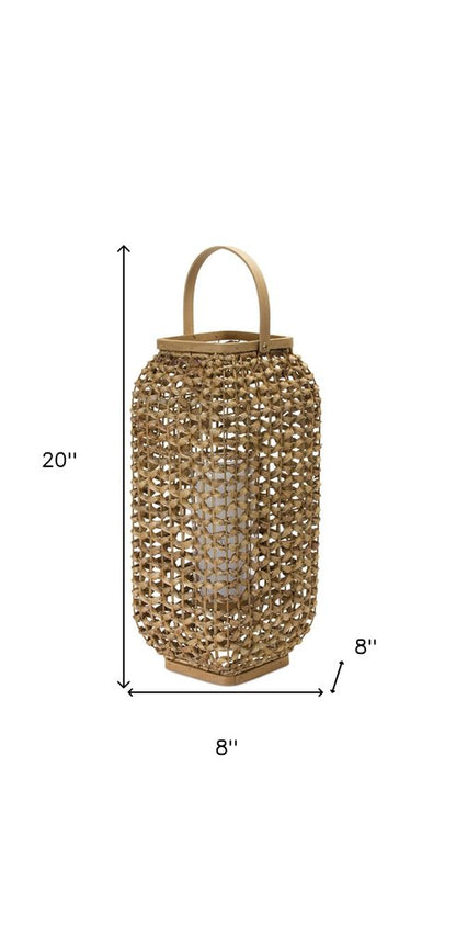 20" Natural Distressed Woven Glass And Wicker Floor Lantern Candle Holder