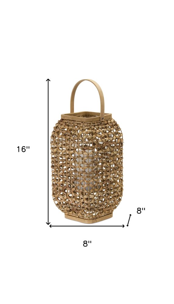 16" Natural Distressed Woven Glass And Wicker Floor Lantern Candle Holder