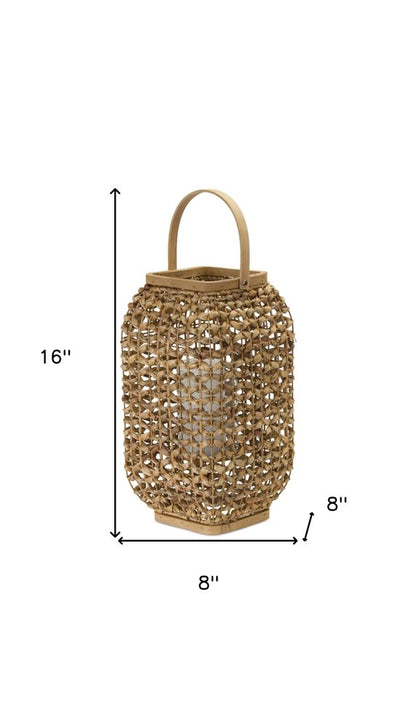 16" Natural Distressed Woven Glass And Wicker Floor Lantern Candle Holder