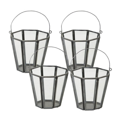 Set of Four Gray Distressed Geometric Iron And Glass Tabletop Votive Candle Holders