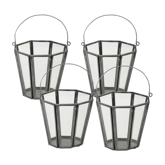 Set of Four Gray Distressed Geometric Iron And Glass Tabletop Votive Candle Holders