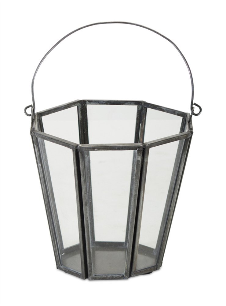 Set of Four Gray Distressed Geometric Iron And Glass Tabletop Votive Candle Holders