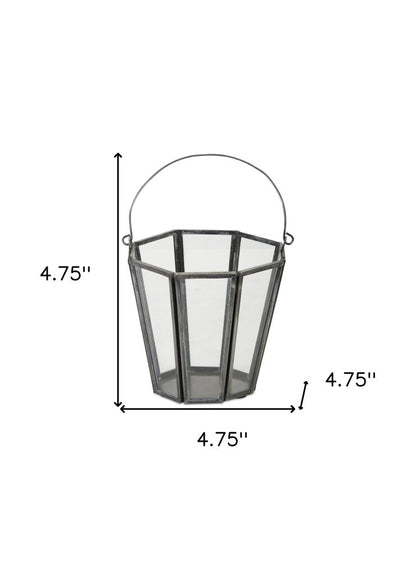 Set of Four Gray Distressed Geometric Iron And Glass Tabletop Votive Candle Holders