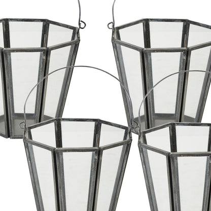 Set of Four Gray Distressed Geometric Iron And Glass Tabletop Votive Candle Holders