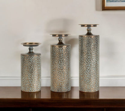 Set of Three Bronze Distressed Abstract Metal Tabletop Pillar Candle Holders
