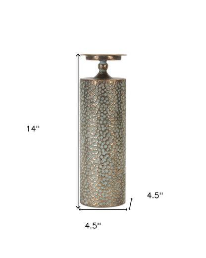 Set of Three Bronze Distressed Abstract Metal Tabletop Pillar Candle Holders