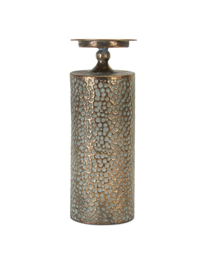 Set of Three Bronze Distressed Abstract Metal Tabletop Pillar Candle Holders