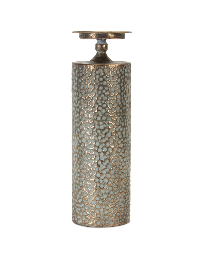 Set of Three Bronze Distressed Abstract Metal Tabletop Pillar Candle Holders