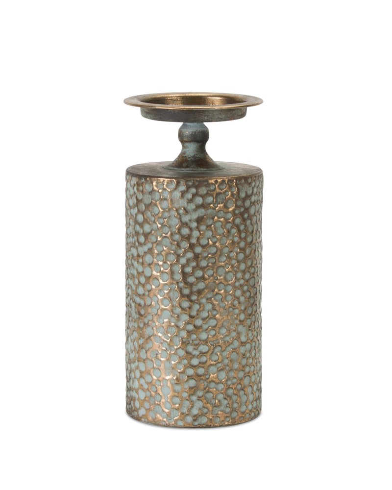 Set of Three Bronze Distressed Abstract Metal Tabletop Pillar Candle Holders