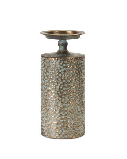 Set of Three Bronze Distressed Abstract Metal Tabletop Pillar Candle Holders
