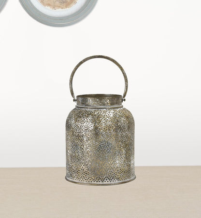 Set of Two Gold Distressed Metal Tabletop Taper Candlesticks