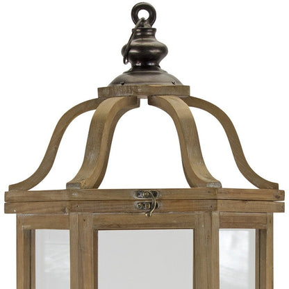 Set of Two Natural And Brown Distressed Geometric Wood And Metal Floor Lantern Candle Holders