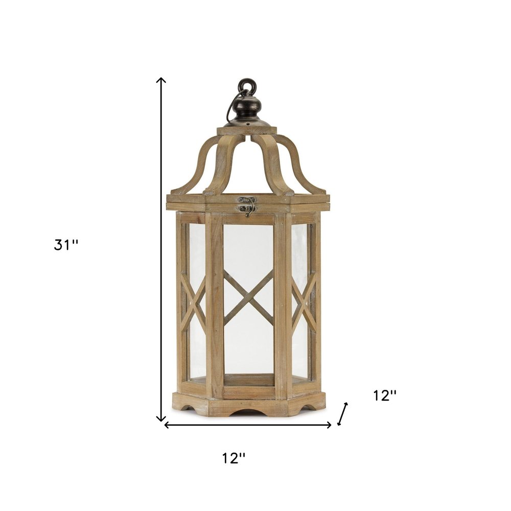 Set of Two Natural And Brown Distressed Geometric Wood And Metal Floor Lantern Candle Holders