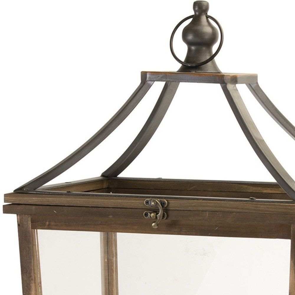 Set of Two Brown Distressed Geometric Wood And Metal Floor Lantern Candle Holders