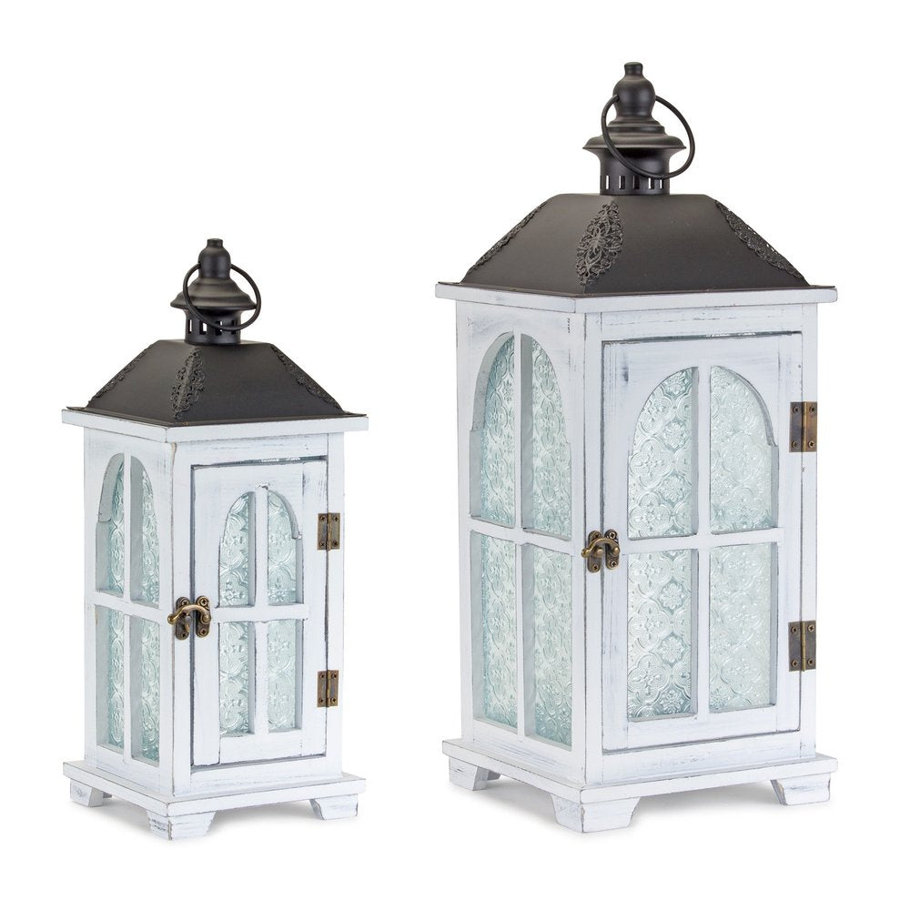 Set of Two White And Black Distressed Ornate Glass Wood And Metal Floor Lantern Candle Holders