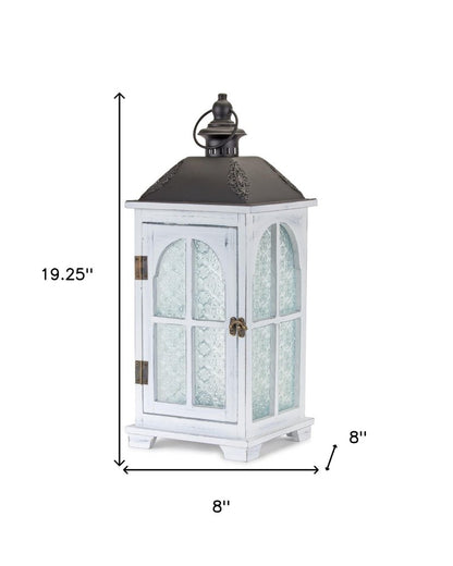 Set of Two White And Black Distressed Ornate Glass Wood And Metal Floor Lantern Candle Holders