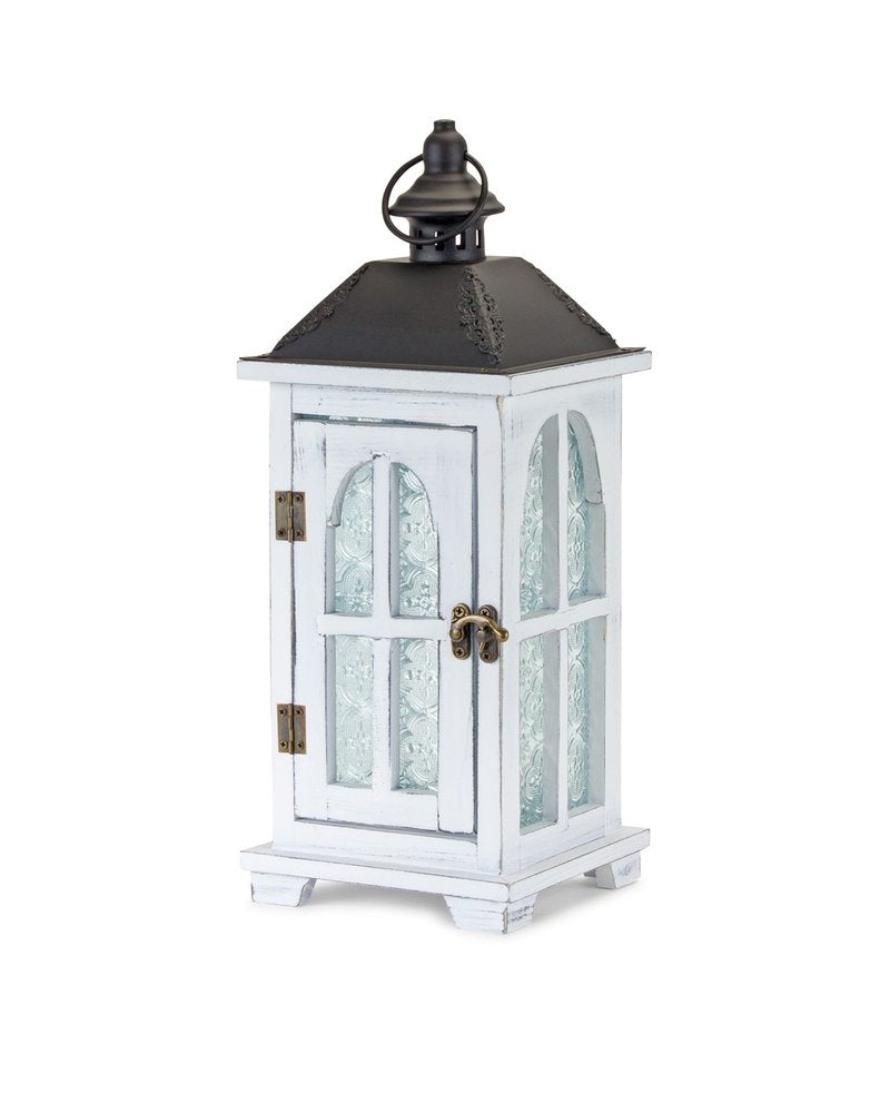 Set of Two White And Black Distressed Ornate Glass Wood And Metal Floor Lantern Candle Holders