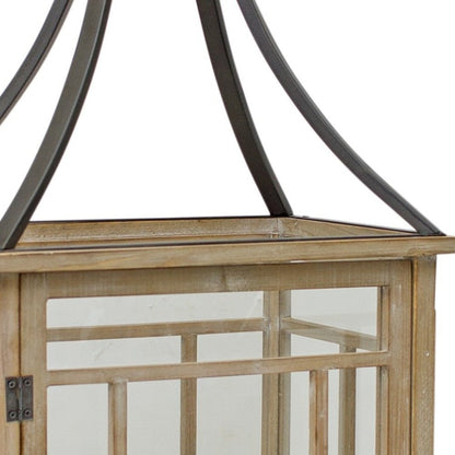 Set of Two Brown And Black Distressed Geometric Wood And Metal Tabletop Lantern Candle Holders