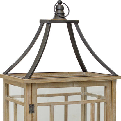 Set of Two Brown And Black Distressed Geometric Wood And Metal Tabletop Lantern Candle Holders