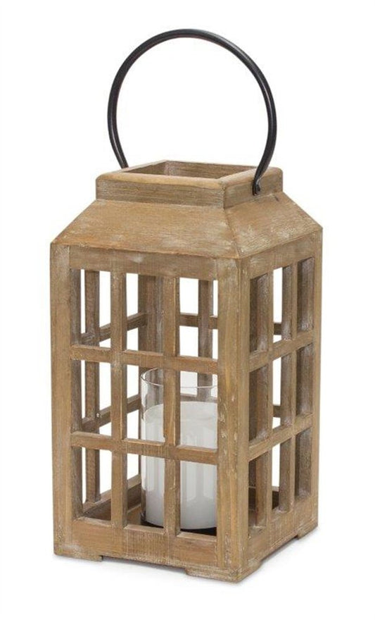 13" Natural Distressed Wood And Glass Centerpiece Lantern Candle Holder