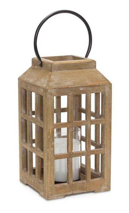 13" Natural Distressed Wood And Glass Centerpiece Lantern Candle Holder
