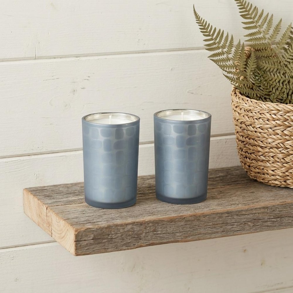 Set of Two Navy Blue Abstract Glass Tabletop Tealight Candle Holders