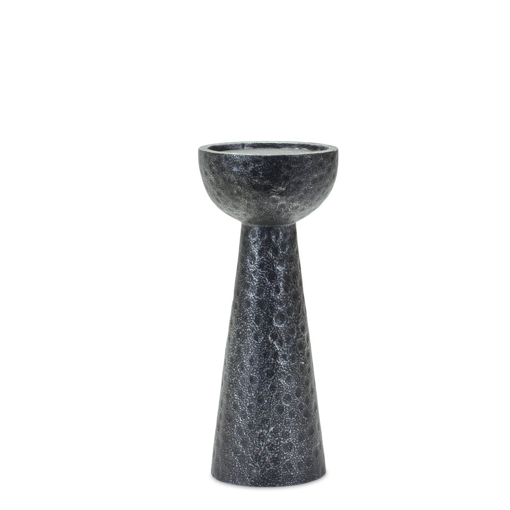 Set of Two Black Distressed Hammered Polyresin Tabletop Pillar Candle Holders